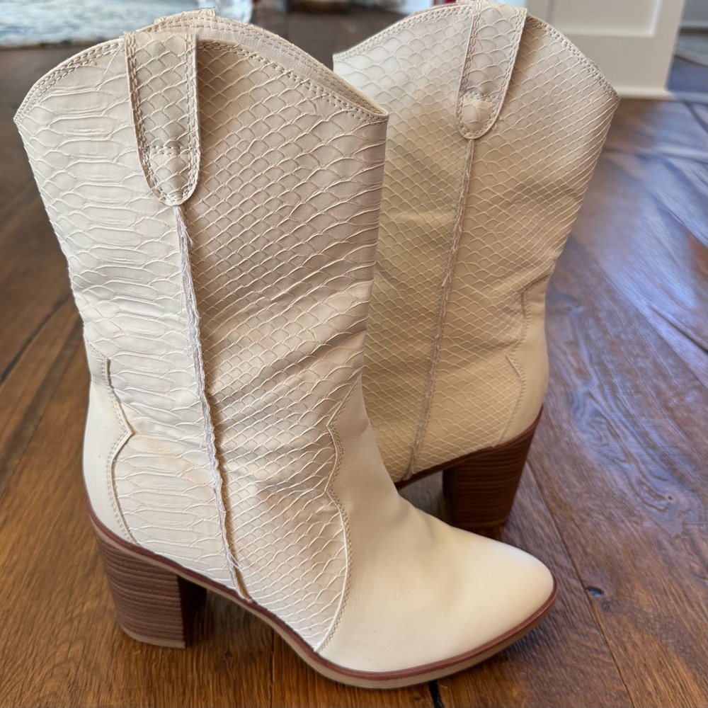 MIA Cream Textured Cowgirl Heeled Boots - Picture 3 of 8